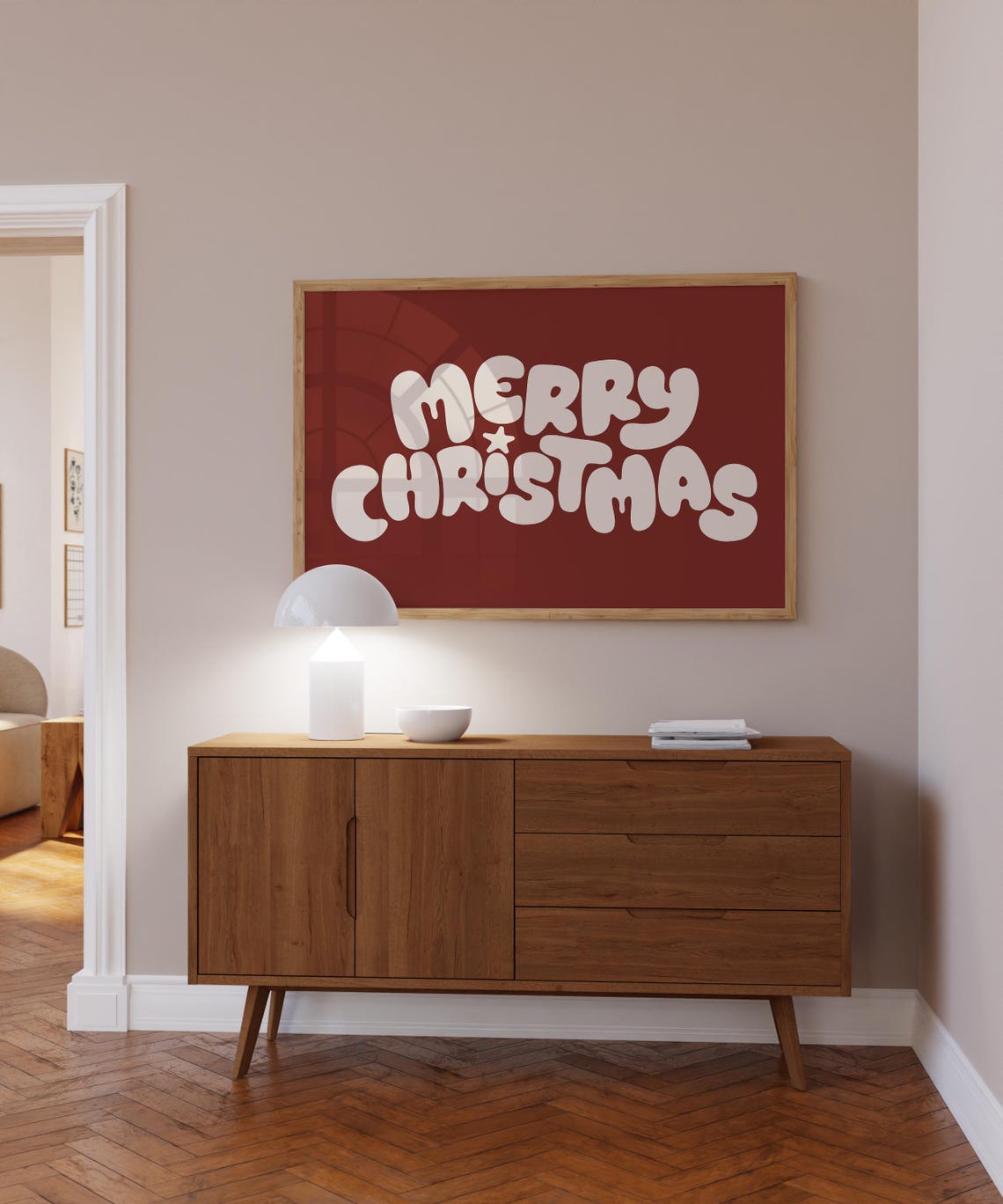 Retro Merry Christmas Bubble Letter Dark Red Holiday Wall Poster - Image 5