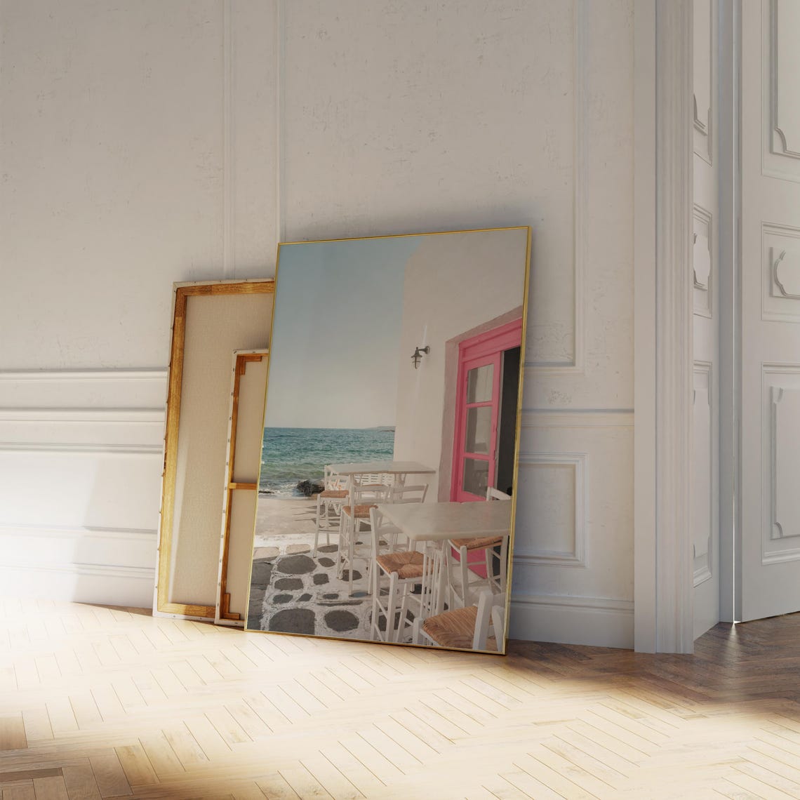 Whitewashed Seaside Cafe Pink Door Ocean View Photo Art Poster - Image 3