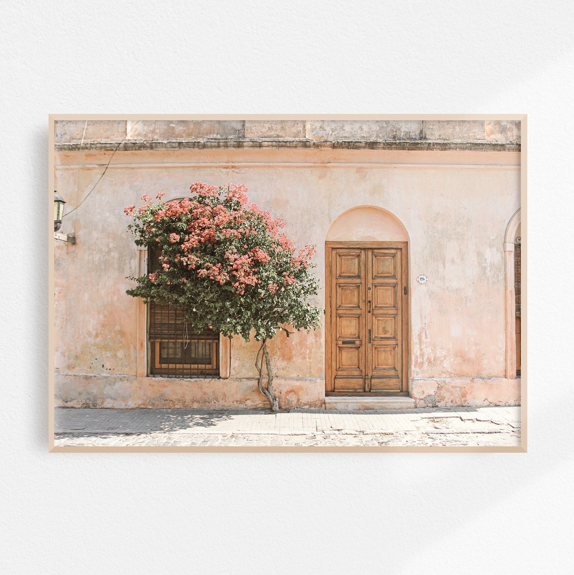 Pink Spanish Building Facade Bougainvillea Wooden Door Poster
