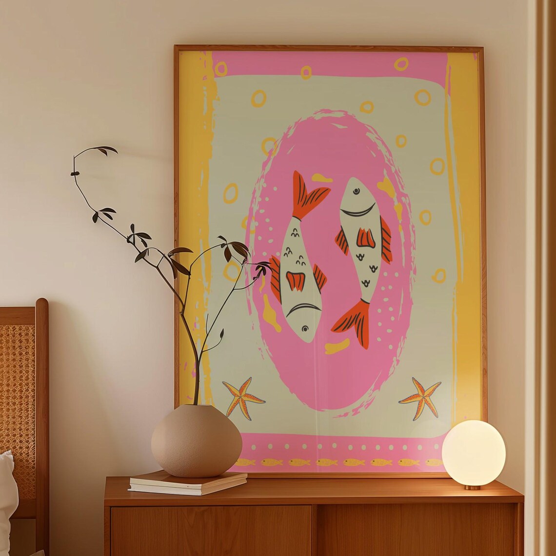 Pisces Zodiac Two Colorful Fish Pink Yellow Birthday Sign Poster