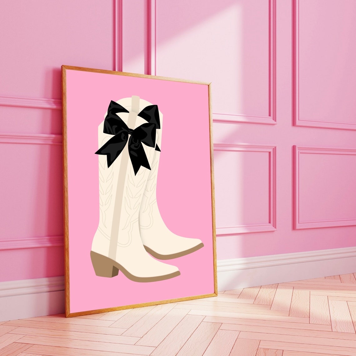 White Cowboy Boots Black Bow Pink Preppy Western Fashion Wall Art