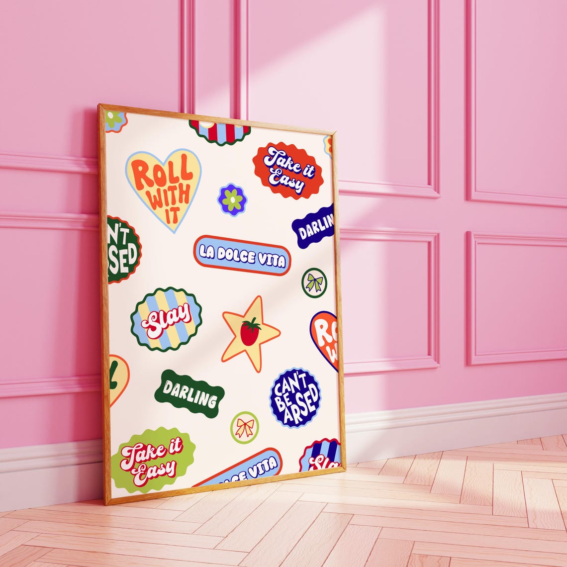 Retro Slogan Sticker Bomb Colorful Maximalist Wall Art Collage