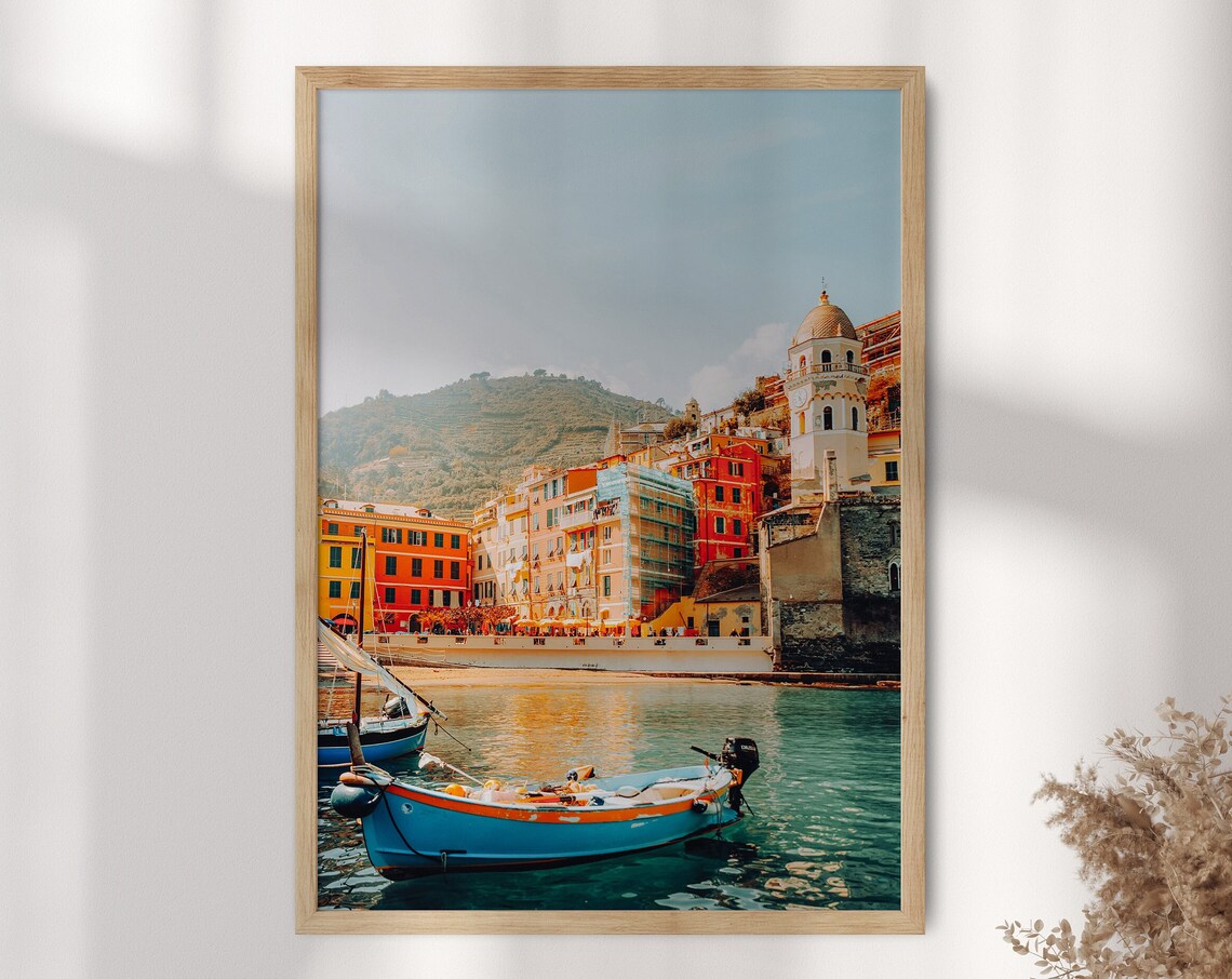 Cinque Terre Italian Coast Village Boats Turquoise Water Poster