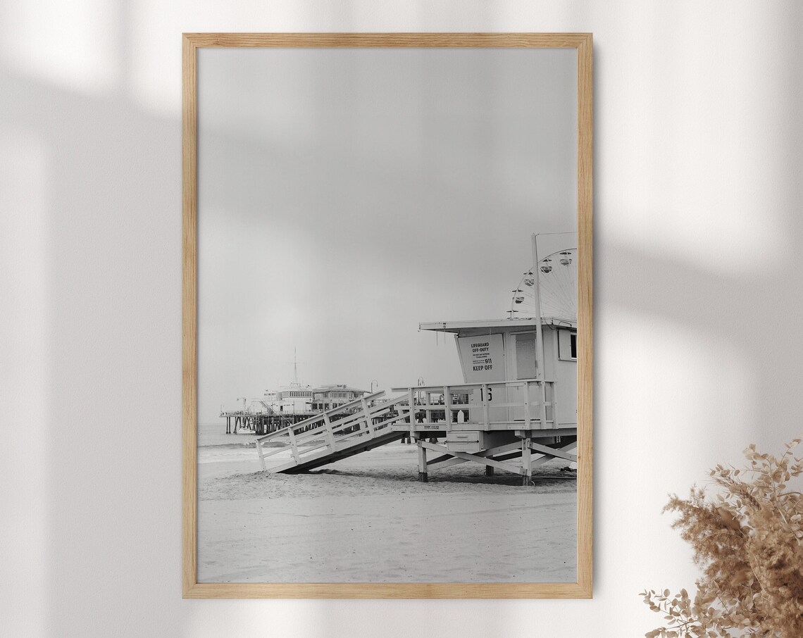 Santa Monica Lifeguard Tower Pier Black White Beach Poster Art