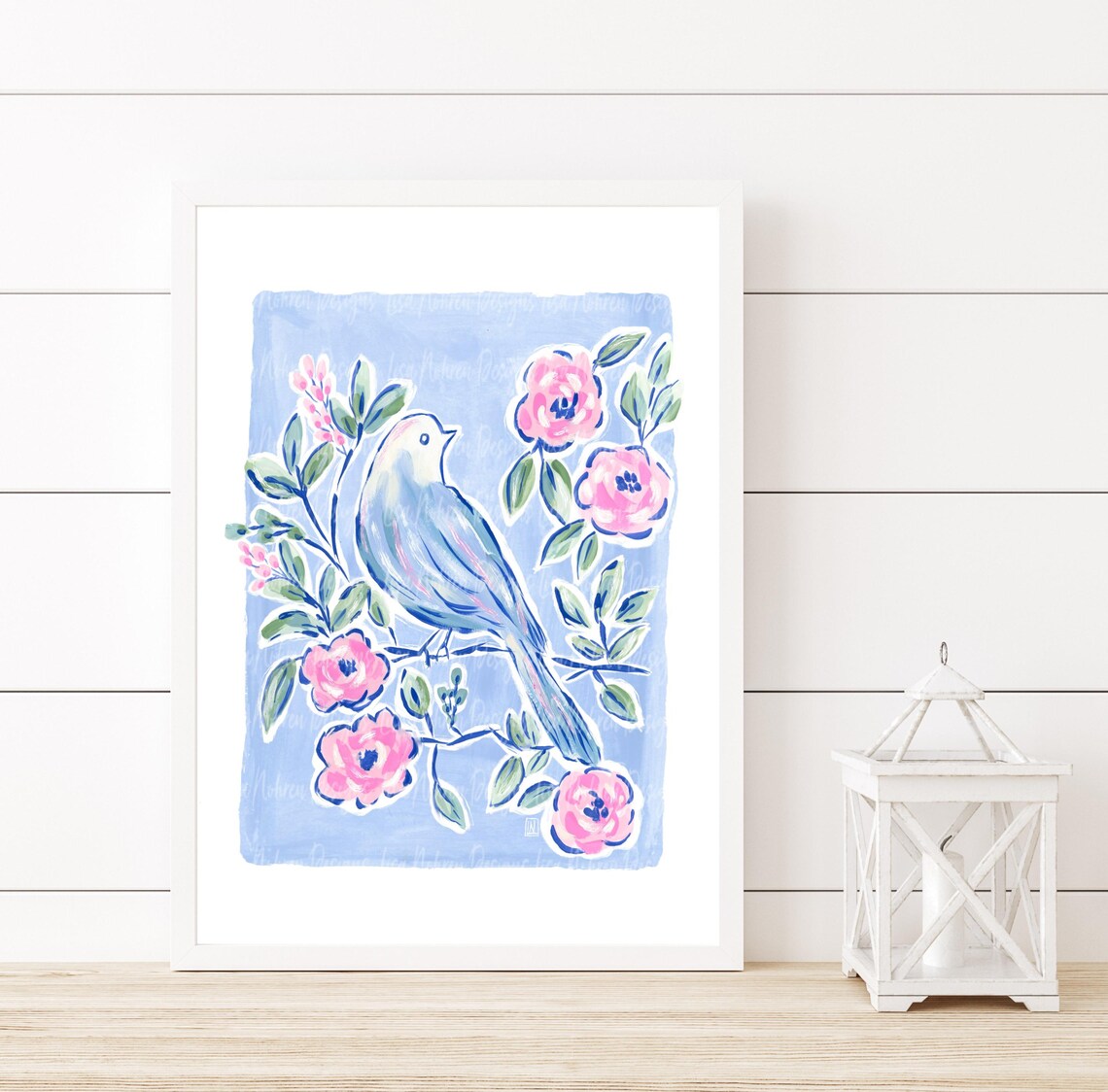 Serene Periwinkle Blue Chinoiserie Bird Floral Garden Art Poster