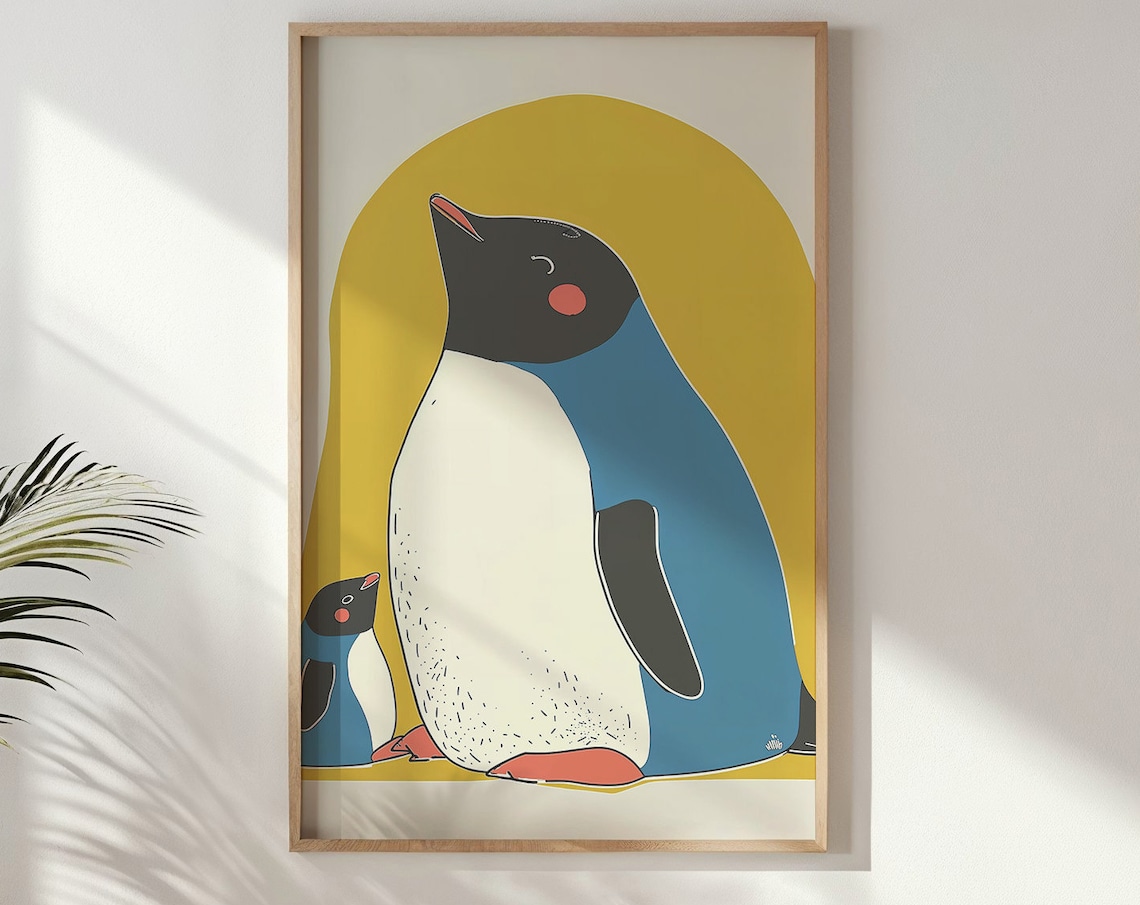 Penguin Parent And Chick Looking Up Mustard Arch Kids Poster