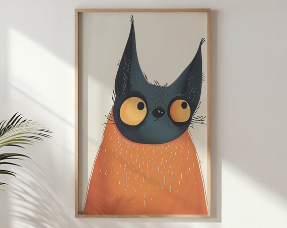 Quirky Black Cat With Big Yellow Eyes Cute Orange Body Art Print