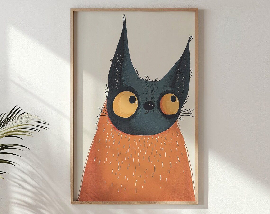 Quirky Black Cat With Big Yellow Eyes Cute Orange Body Art Print