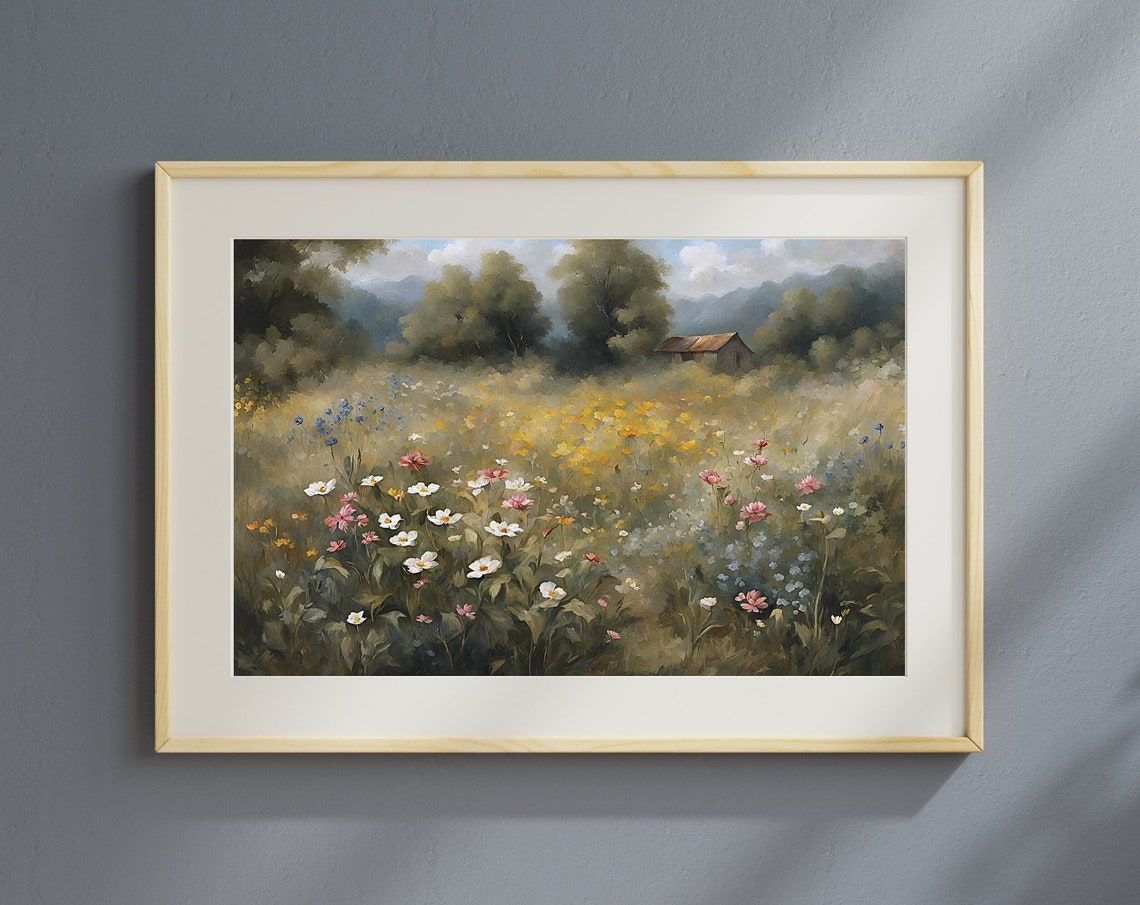 Wildflower Wall Art Vintage Cottage Garden Decor Print Farmhouse Oil Painting Moody Kitchen Art Print Cottagecore Vintage Landscape