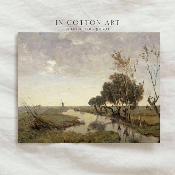 Vintage Living Room Landscape Painting Rustic River Scenery Art Print Antique Summer Country Wall Art P40