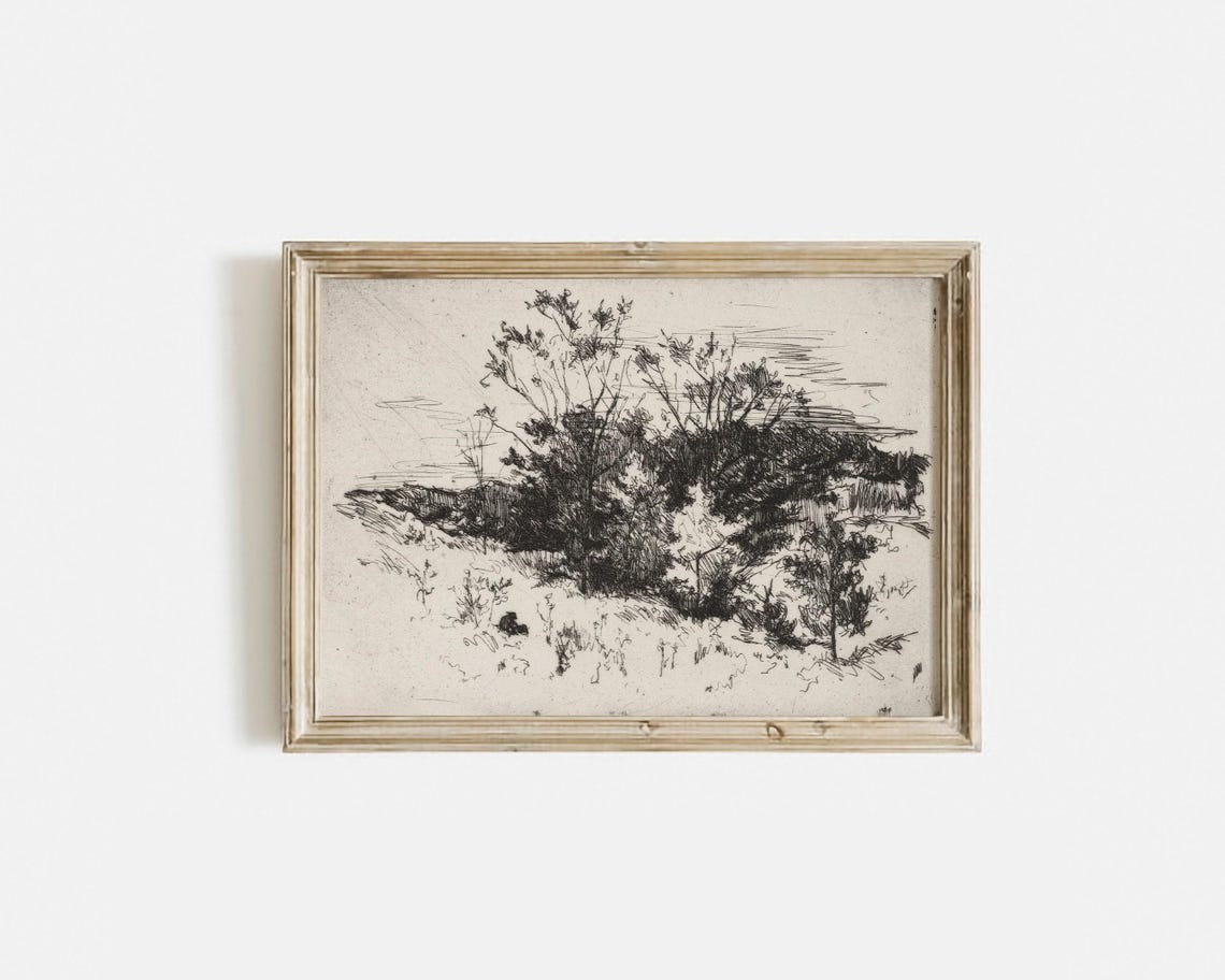 Antique Ink Etching Landscape Sketch Rustic Tree Thicket Art Print - Image 3
