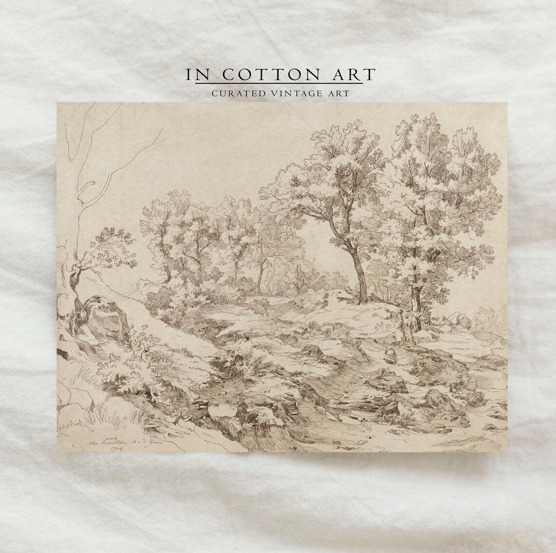 Vintage Neutral Landscape Drawing, French Country Art Print