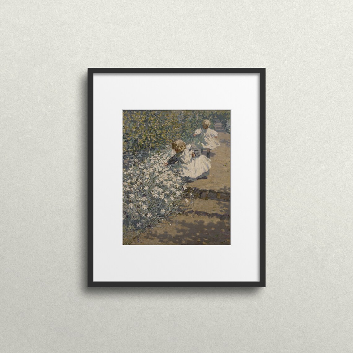 Children Picking White Flowers Sunny Garden Vintage Art Print - Image 2