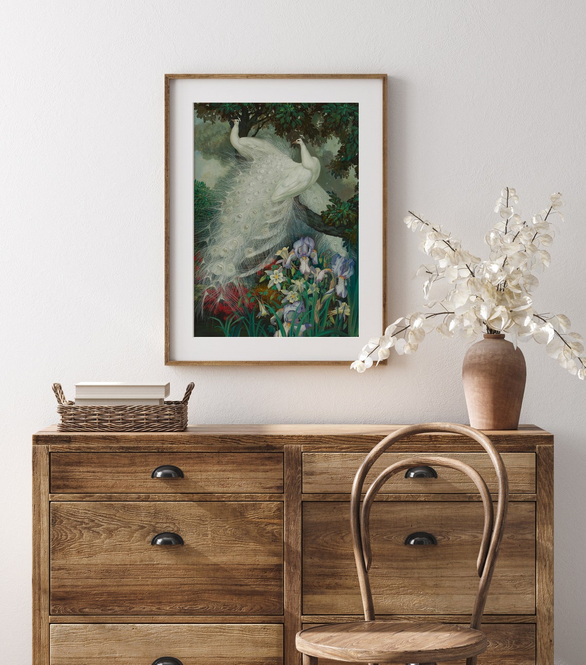 White Peacocks Perched On Branch With Irises Vintage Bird Art Print - Image 3