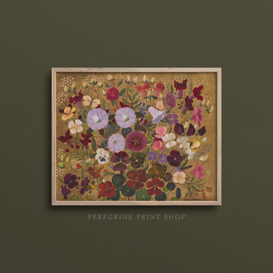 Vintage Floral Art Print, Cottagecore Gold Background - Image 3