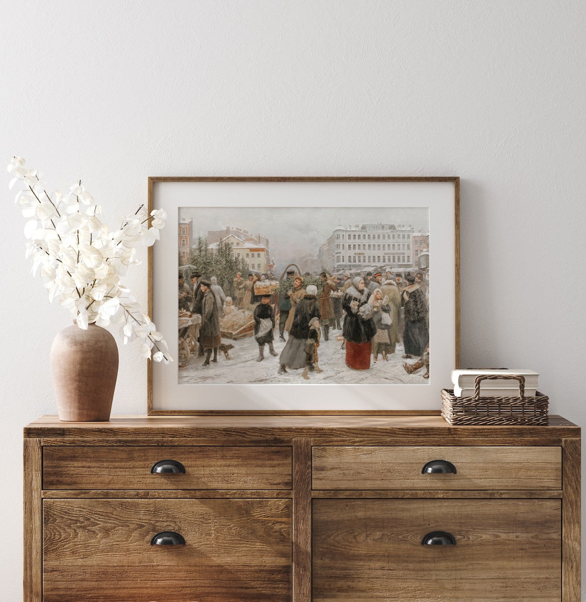 Snowy Christmas Market Vintage Winter City Street Scene Painting Print - Image 3