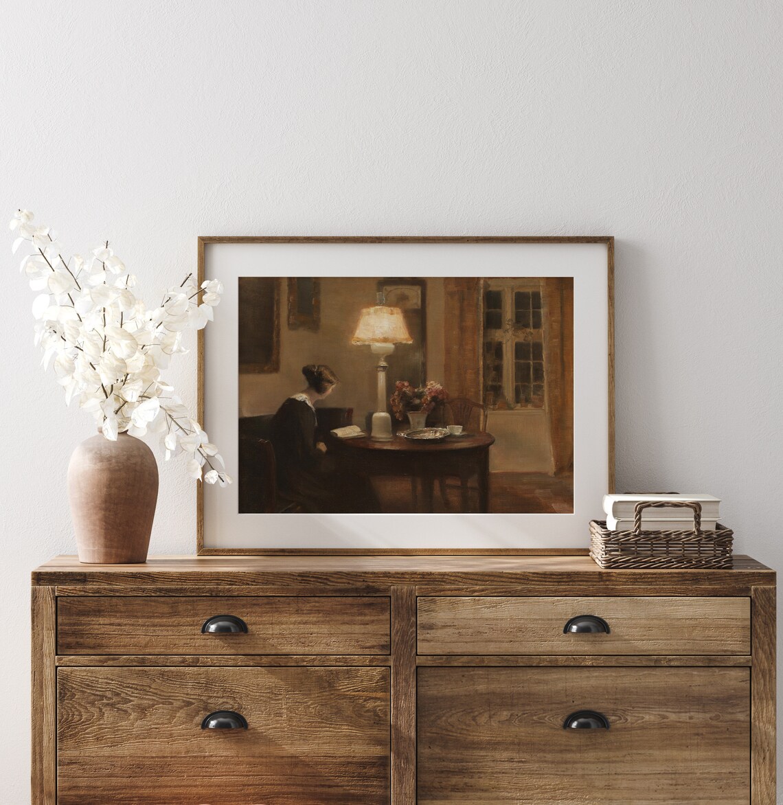 Woman Reading by Lamplight Cozy Evening Interior Vintage Art Print - Image 3