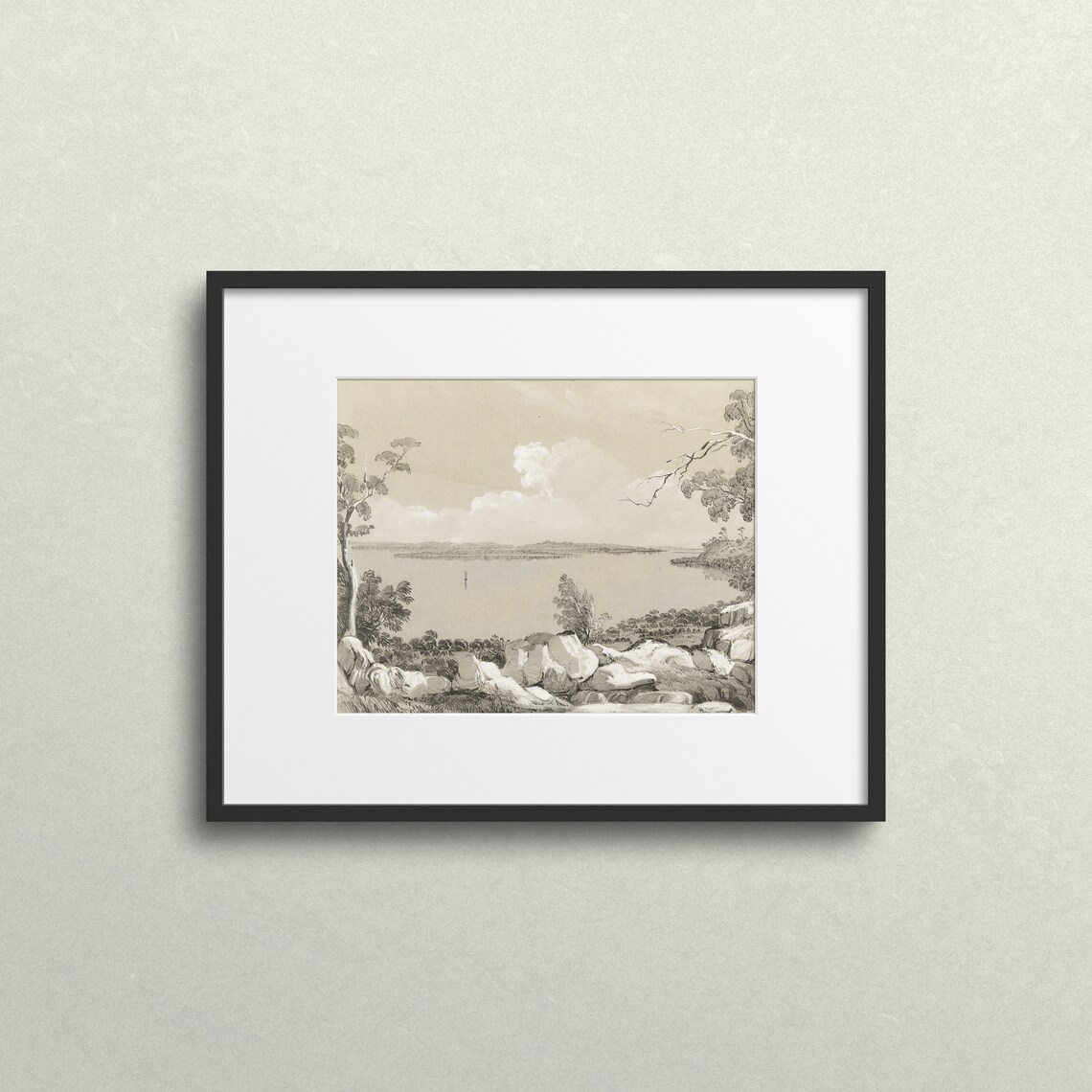 Tranquil Coastal Cove Sepia Sketch Rocky Shore Vintage Art Print - Image 2
