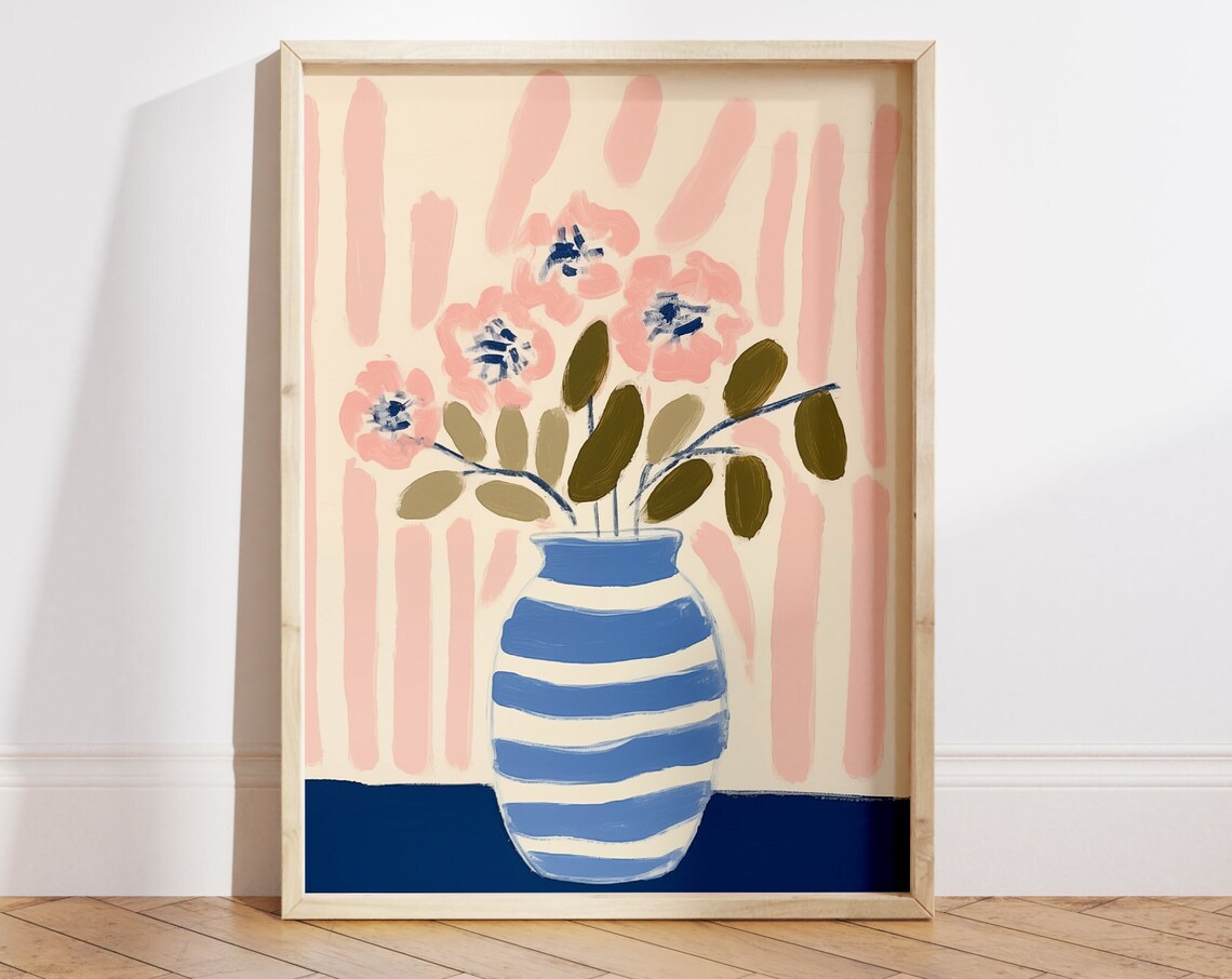 Pink Flowers in Blue Striped Vase Abstract Modern Art Poster