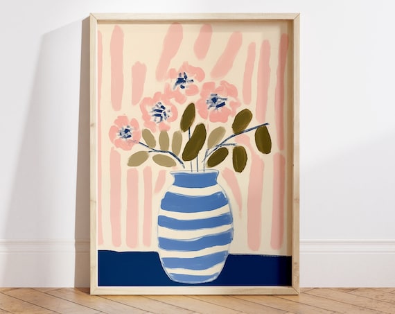 Pink Flowers in Blue Striped Vase Abstract Modern Art Poster