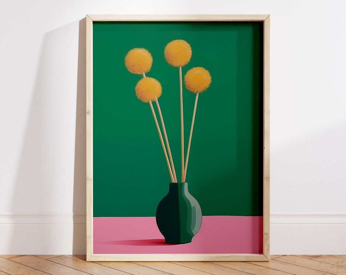 Yellow Billy Balls Flowers Green Vase Modern Floral Art Poster