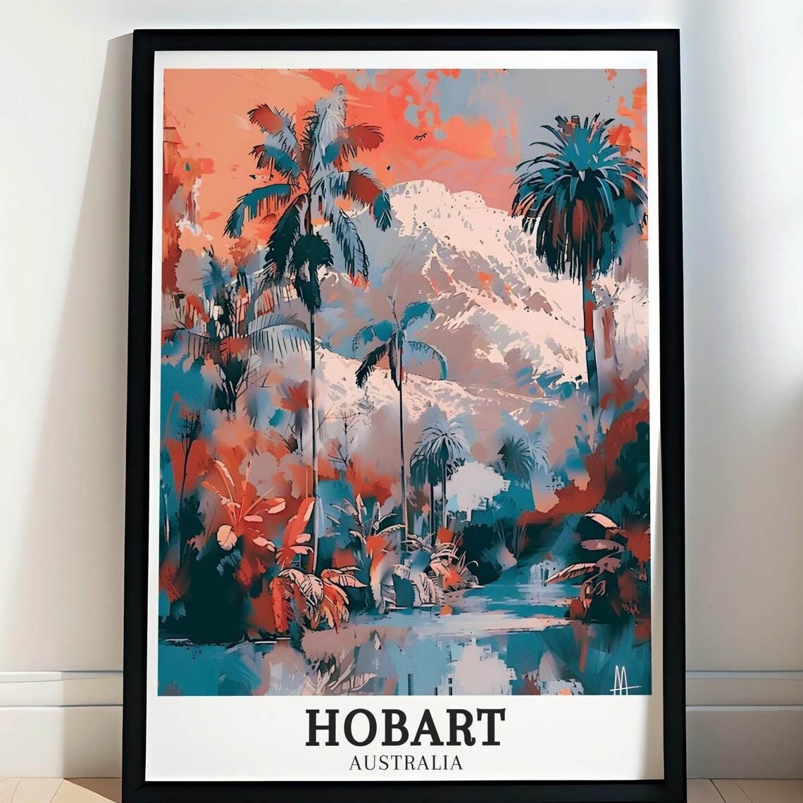 Hobart Australia Tropical Palms Mountain Artistic Travel Poster