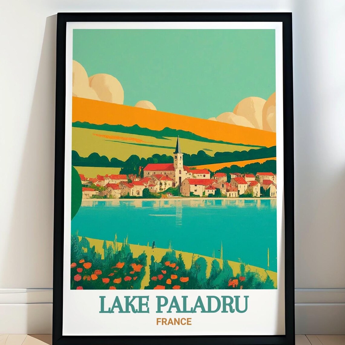 Lake Paladru France Lakeside Village Red Roof Houses Travel Poster