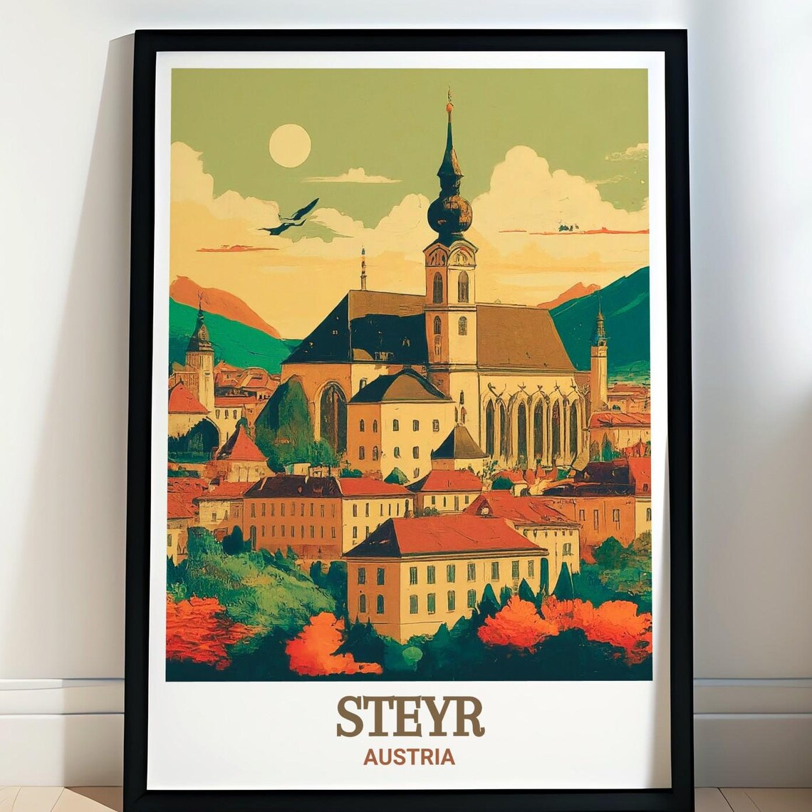Steyr Austria Parish Church at Sunset Retro Style View Poster