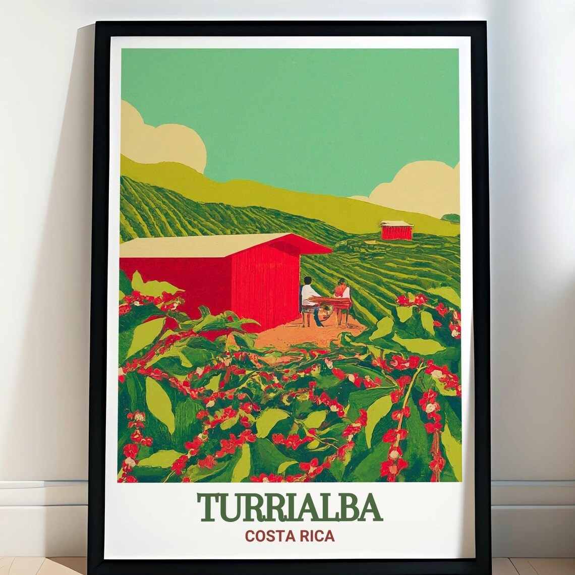 Turrialba Costa Rica Coffee Farm Red Barn Vintage Travel Poster