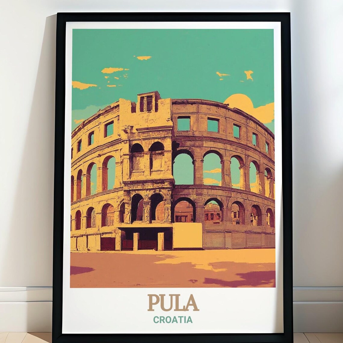 Pula Croatia Poster with Roman Amphitheater in Retro Graphic Style