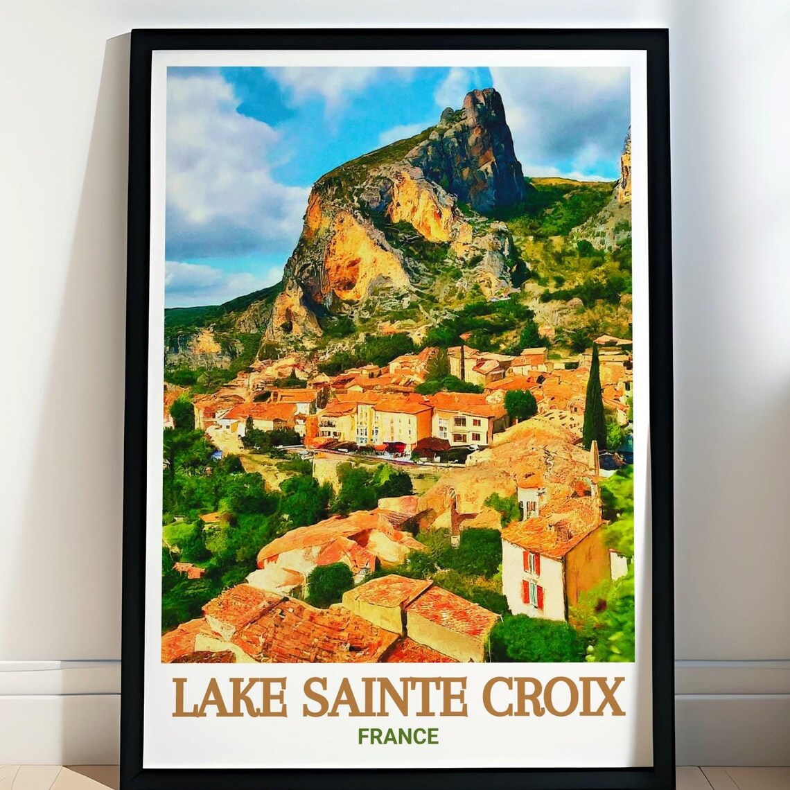 Lake Sainte Croix France Village Under Rocky Cliffs Travel Poster