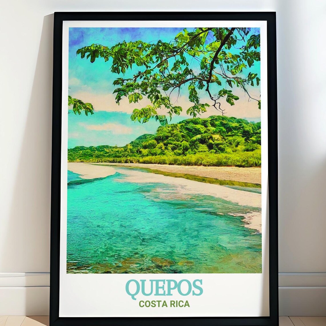 Quepos Costa Rica Turquoise Beach Jungle Fringe Travel Poster