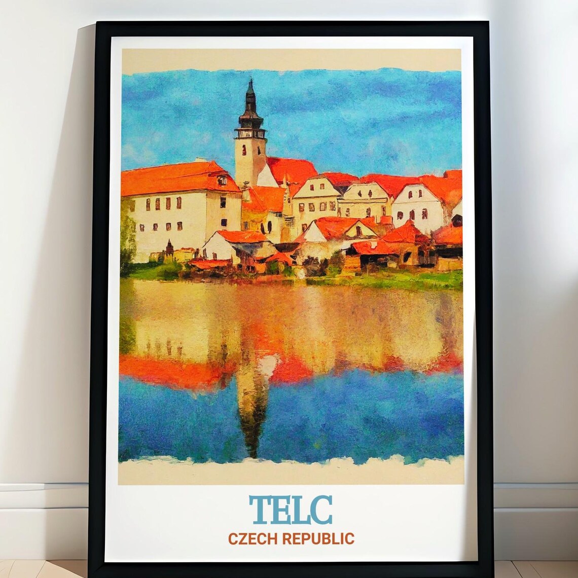 Telc Castle Czech Republic Lakeside Reflection Travel Poster