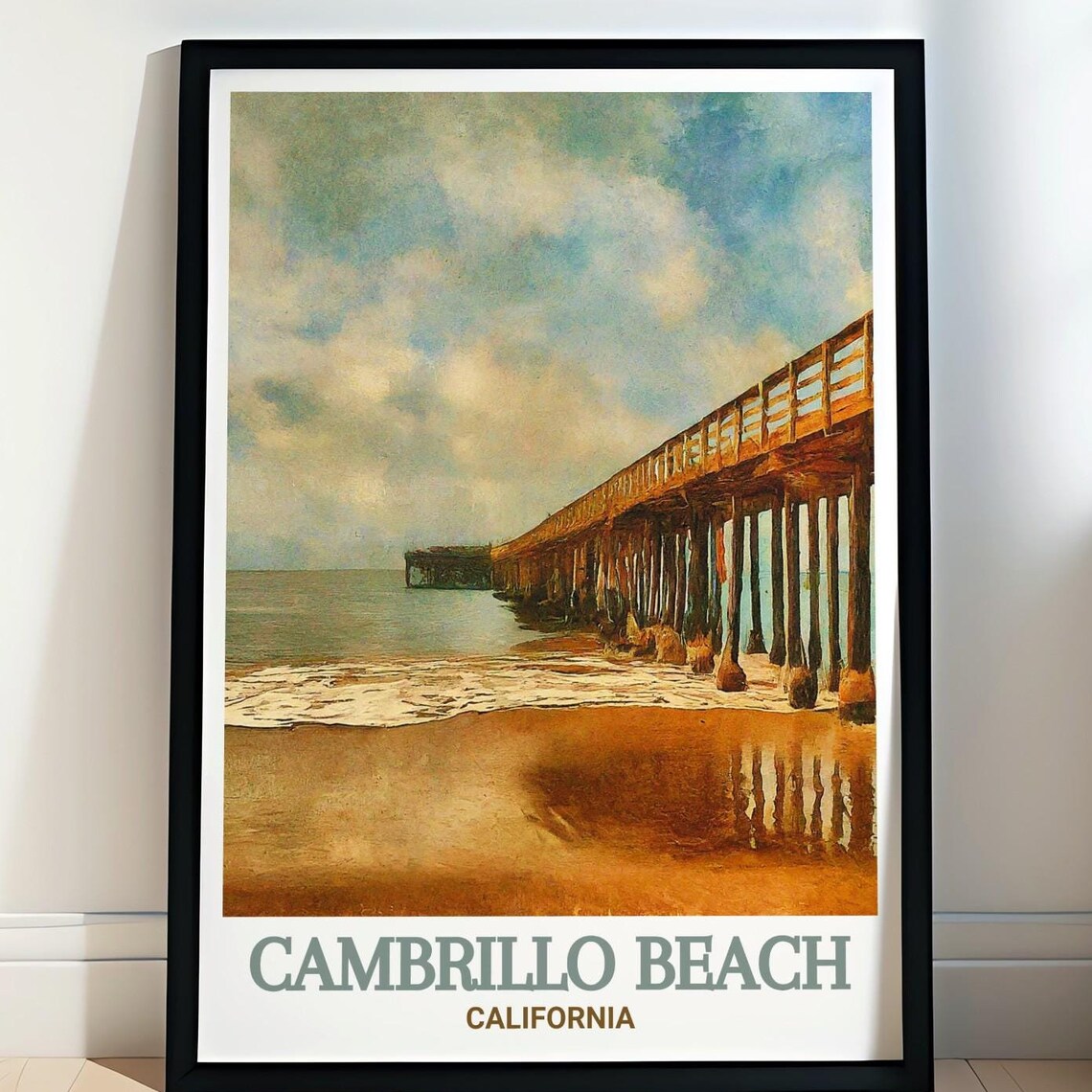 Cambrillo Beach California Poster Vintage Wooden Pier Over Ocean Waves