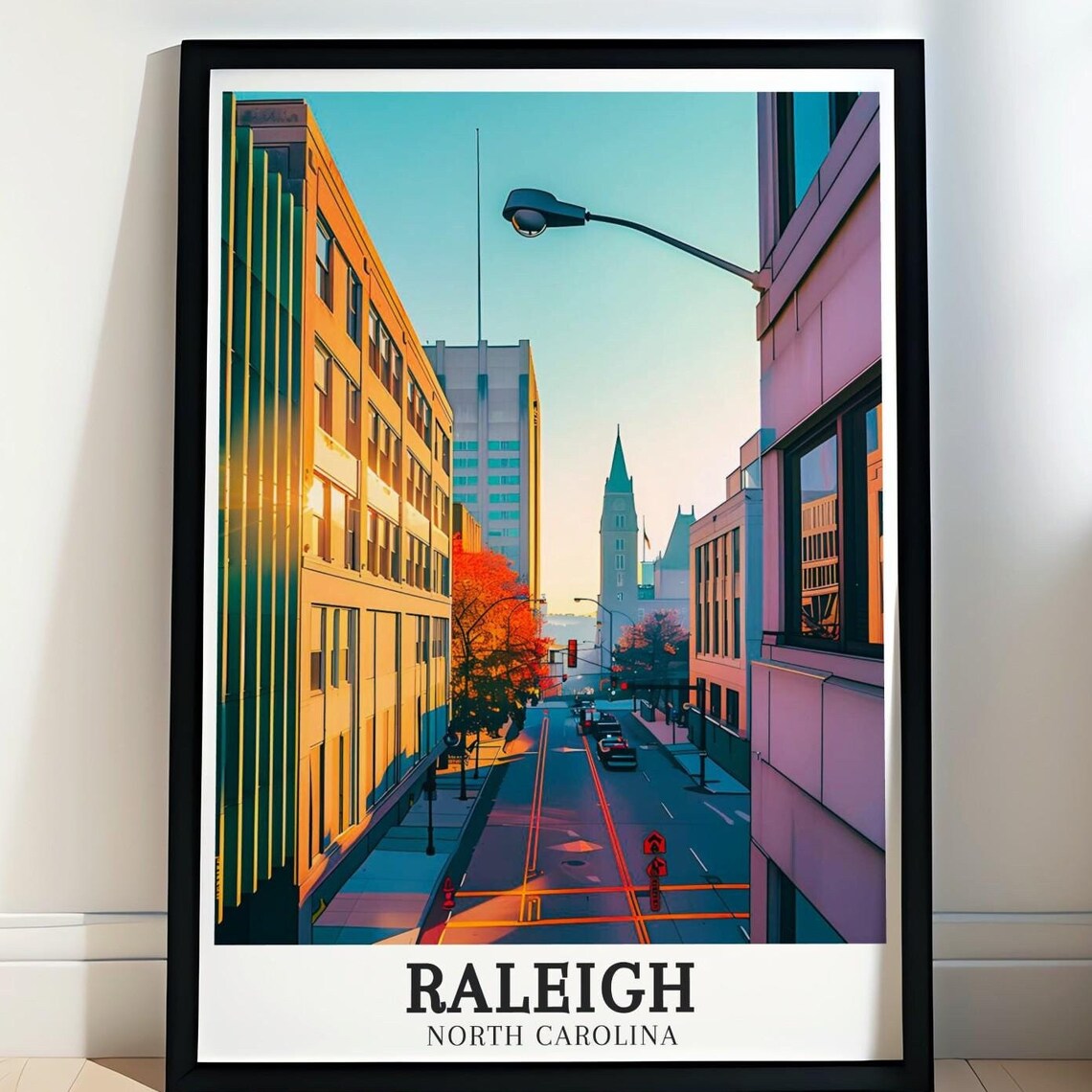 Raleigh North Carolina Downtown Street Sunrise Clock Tower Poster
