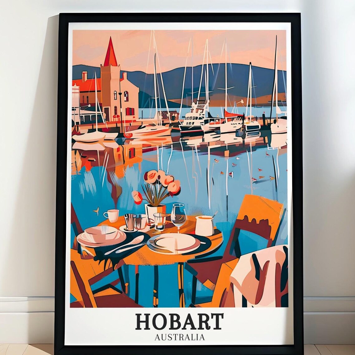 Hobart Australia Waterfront Cafe Table Harbor Scene Travel Poster