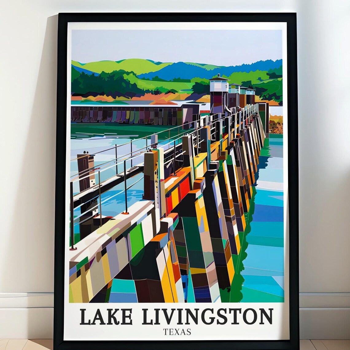 Lake Livingston Texas Dam Geometric Pop Art Colorful Travel Poster