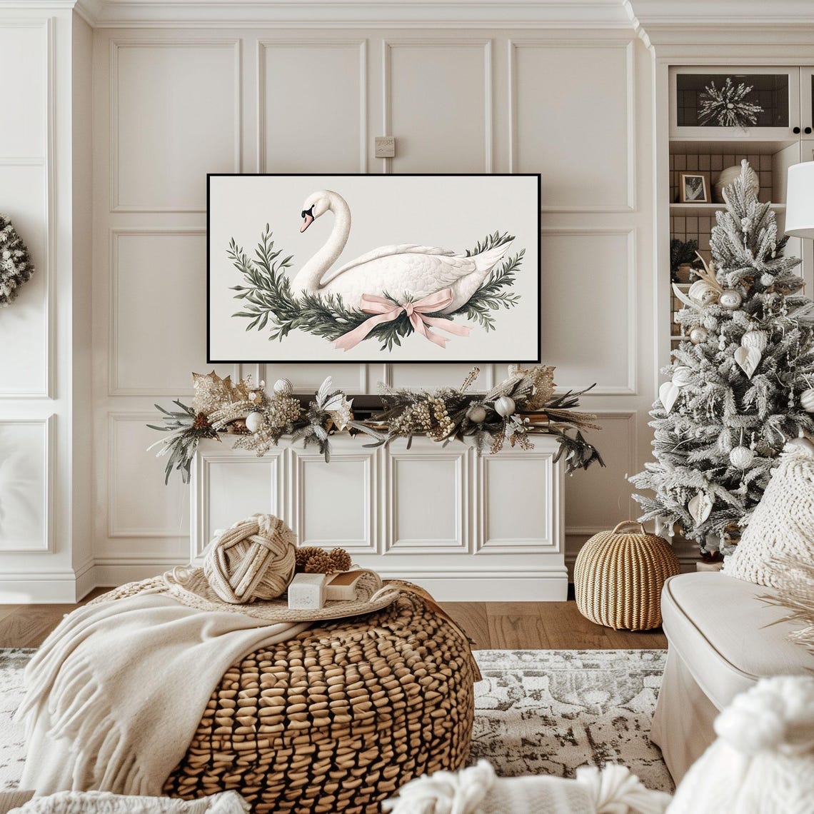 White Swan with Blush Pink Bow Christmas Greenery Wreath Art Poster - Image 2