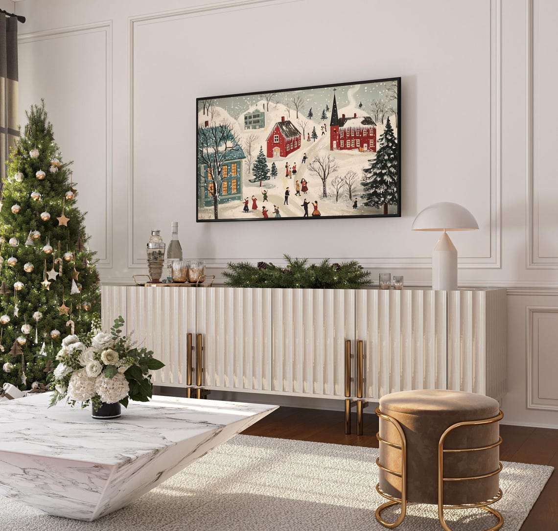 Nostalgic Winter Village Folk Art Snowy Church Villagers Poster - Image 4
