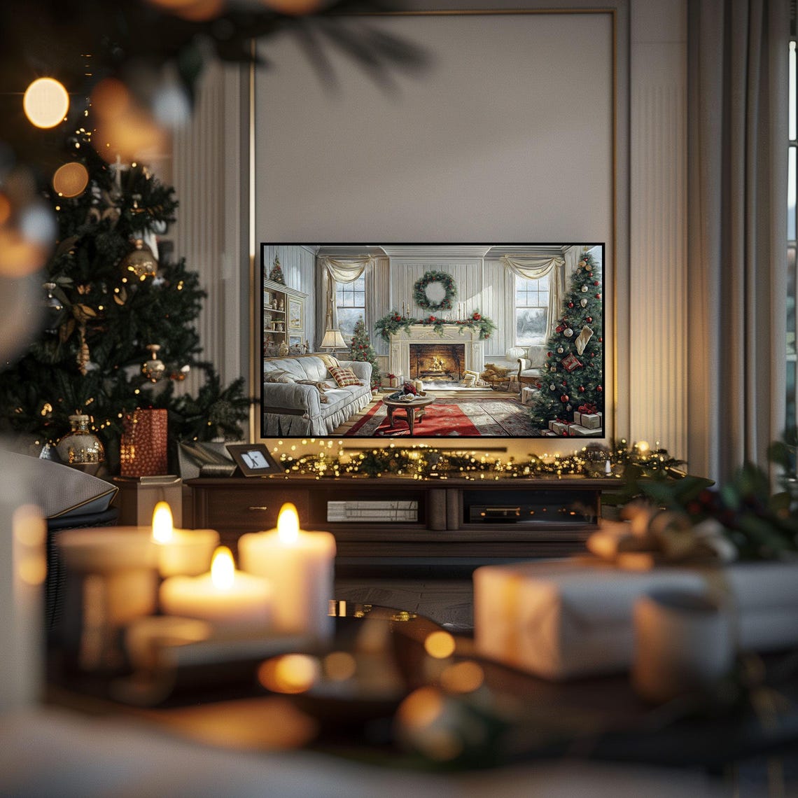 Cozy Christmas Living Room Fireplace Tree Gifts Holiday Poster - Image 3