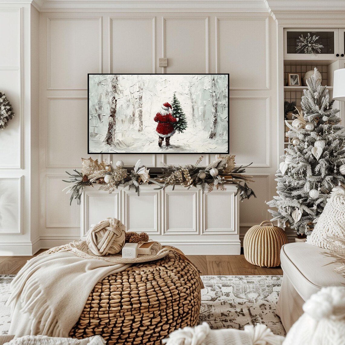 Santa Winter Forest Scene Christmas Frame TV Art Holiday Painting Poster - Image 2