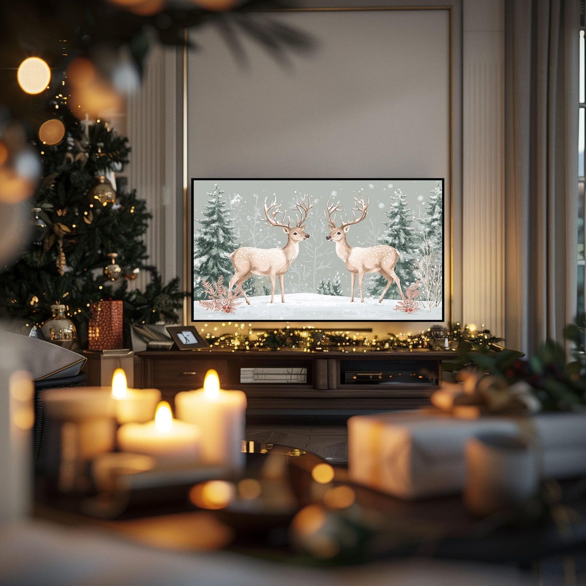 Two Spotted Deer in Snowy Winter Forest Wildlife Scene Poster - Image 3