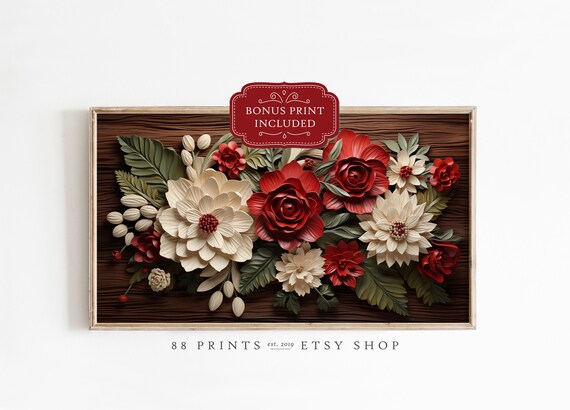 Red Cream Floral Christmas Paper Flower Winter Botanical Poster