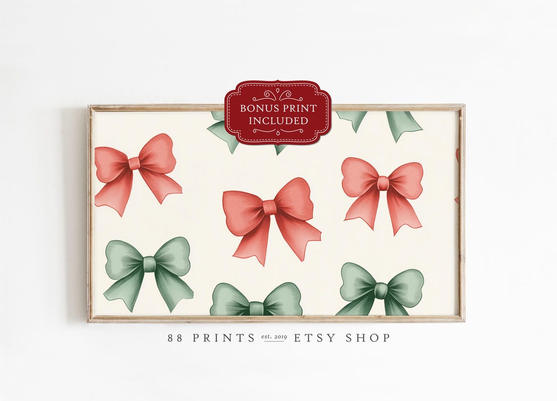 Festive Watercolor Red Green Bow Pattern Frame Tv Christmas Poster