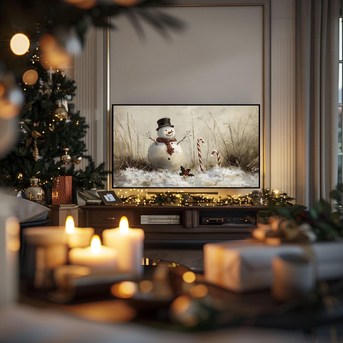 Rustic Snowman with Candy Canes Winter Watercolor Art Poster - Image 3