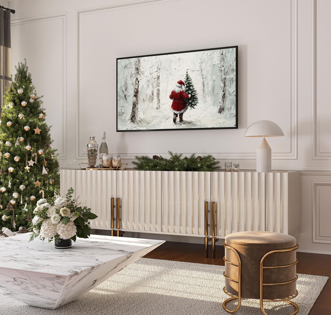 Santa Winter Forest Scene Christmas Frame TV Art Holiday Painting Poster - Image 4