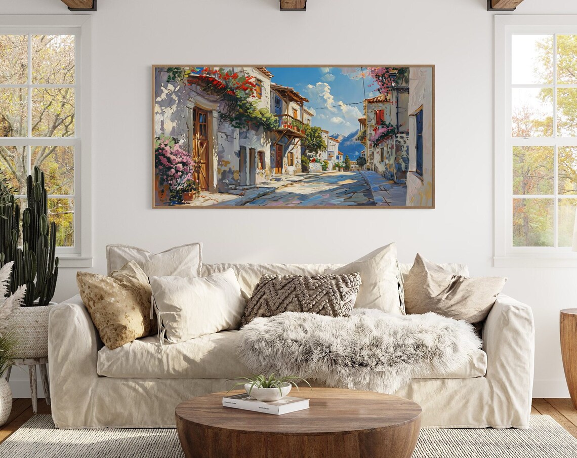 Mediterranean Village Street Blooming Flowers Sunny Old Town Poster