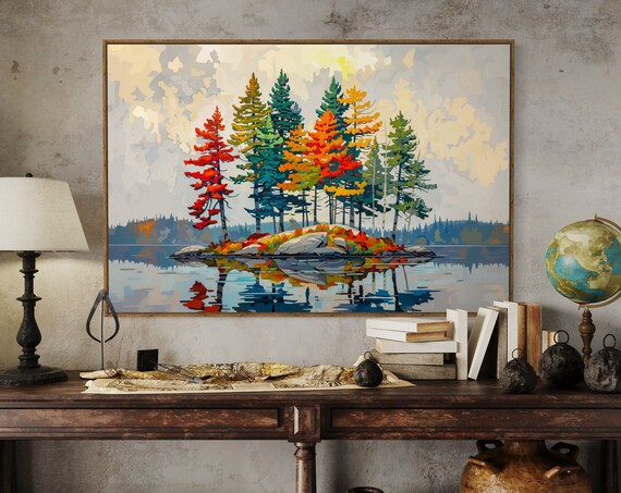Autumnal Lakeside Serenity Vivid Colors Of Pine Forest Painting Print Autumnal Home Decor For Hallway Wall Art And Home Decore