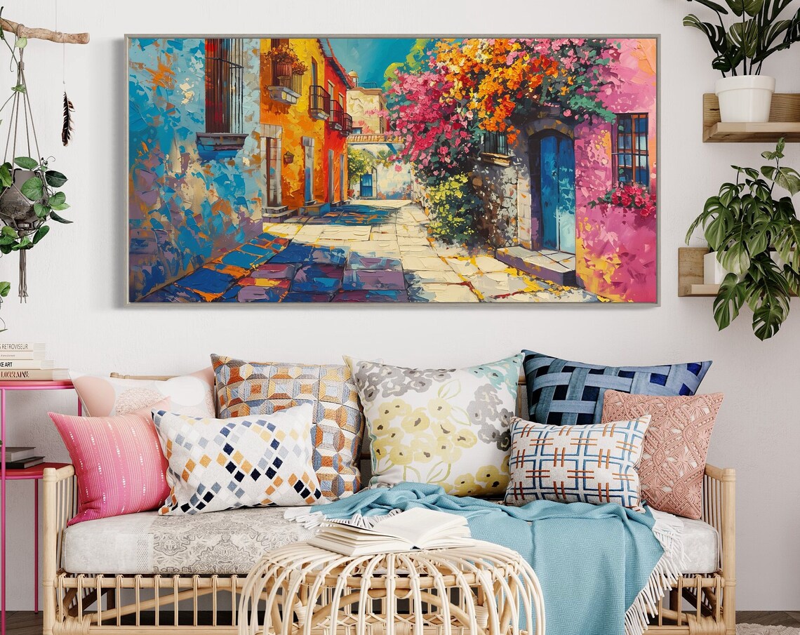 Vibrant Mexican Village Street Bougainvillea Colorful Houses Poster