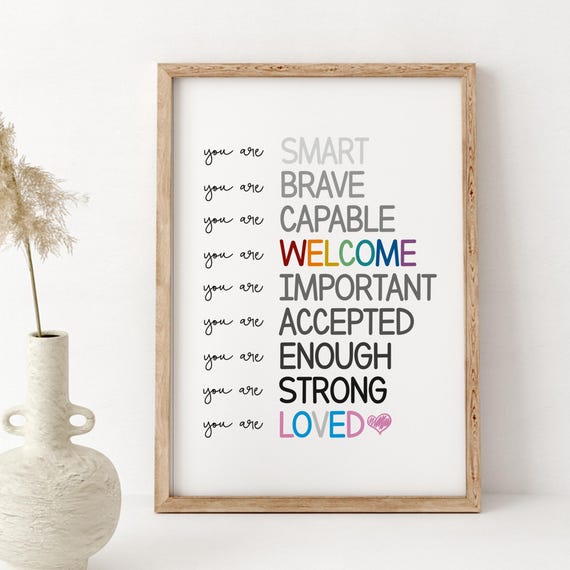 Rainbow Affirmations Wall Art Kids Inspirational Art I Am Kind Loved Brave Positive Nursery Decor Affirmation Prints